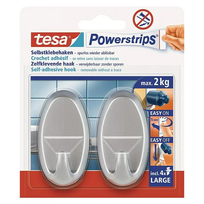 Tesa Powerstrips Selbstklebehaken - Oval, Größe: L, Chrom matt, 2 Stk. - Tesa Powerstrips Selbstklebehaken: Eine praktische Lösung zum Aufhängen ohne Bohren. Einfach anzubringen und spurlos ablösbar, ideal für bis zu 2 kg.