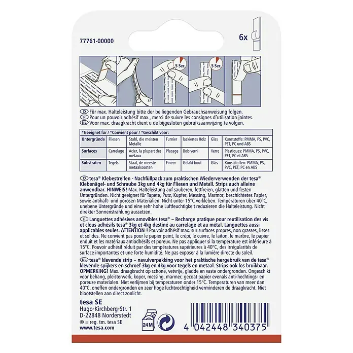 Tesa Klebestreifen - Geeignet für: Fliesen, Belastbarkeit: 3 kg, 9 Stk., Weiß - Tesa Klebestreifen Nachfüllpackung für Klebenägel und Schrauben, geeignet für Fliesen und Metall, für die praktische Wiederverwendung.