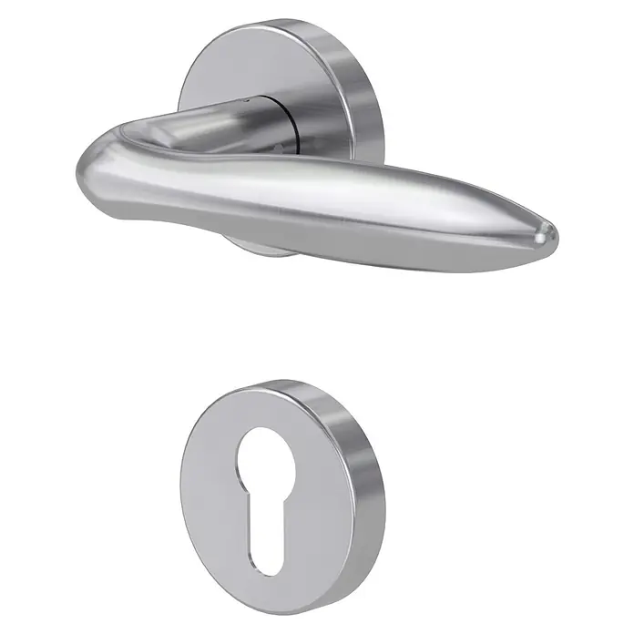 Diamond Doors Modern Drückergarnitur Fun - Edelstahl, L-Form, Stärke Tür: 40 mm - 45 mm, Profilzylinder - Ein moderner, silberner Türgriff und ein Schlüsselloch, die ein elegantes und funktionales Design für jede Tür bieten.