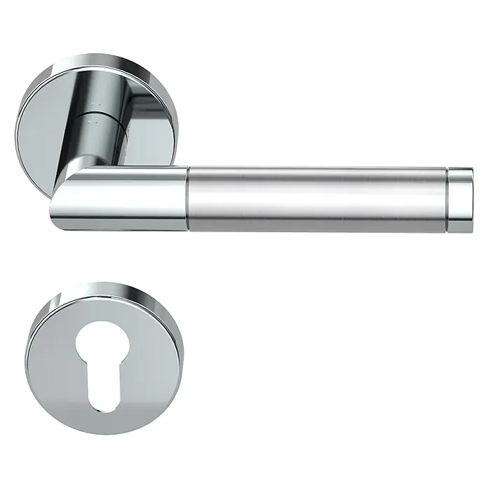Diamond Doors Creative Drückergarnitur Avantgardo - Edelstahl, Profilzylinder - Chromfarbene Türklinke und Schlüsselloch-Rosette auf schwarzem Hintergrund, modernes Design für Innentüren.