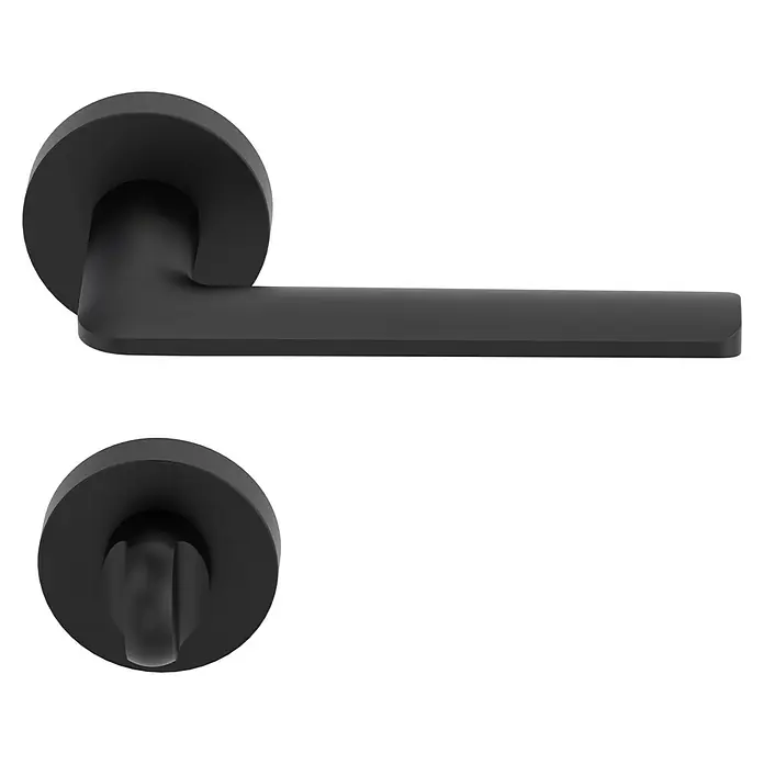 Diamond Doors Black Edition Drückergarnitur WC Roswell - Stärke Tür: 38 mm - 45 mm, Sonstiges, Schwarz, Schlitzkopf/Olive - Türgriff aus dunklem Metall mit minimalistischem Design, bestehend aus Griff und Rosette, präsentiert auf schwarzem Hintergrund.