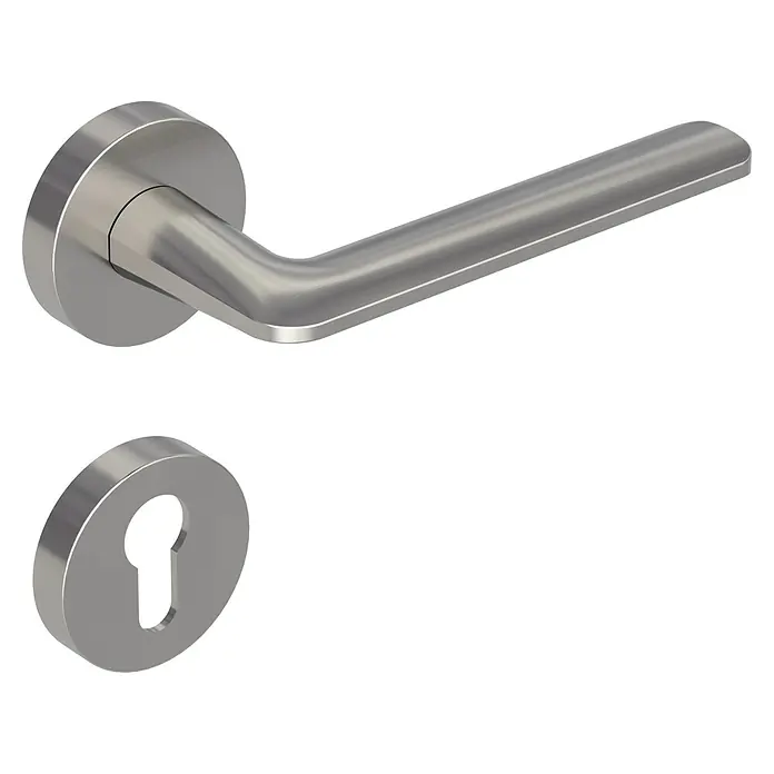 Diamond Doors Creative Drückergarnitur Roswell - Stärke Tür: 38 mm - 45 mm, Edelstahl, Samtgrau, Profilzylinder - Nahaufnahme einer modernen Türgarnitur aus Edelstahl, bestehend aus Griff und Rosette, auf schwarzem Hintergrund.