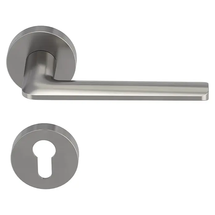 Diamond Doors Creative Drückergarnitur Roswell - Stärke Tür: 38 mm - 45 mm, Edelstahl, Samtgrau, Profilzylinder - Eine Nahaufnahme eines modernen Türgriffs aus gebürstetem Metall mit passendem Schlüsselloch.