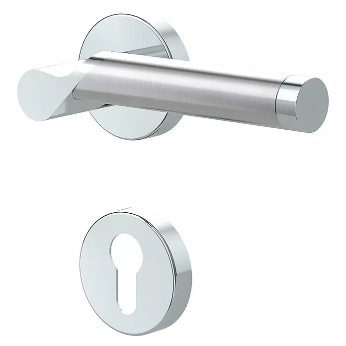 Diamond Doors Creative Drückergarnitur Alabama - Edelstahl, Profilzylinder - Dieser Artikel zeigt eine Nahaufnahme eines eleganten Türbeschlags-Sets aus Chrom, bestehend aus einem Griff und einer Rosette mit Schlüsselloch.