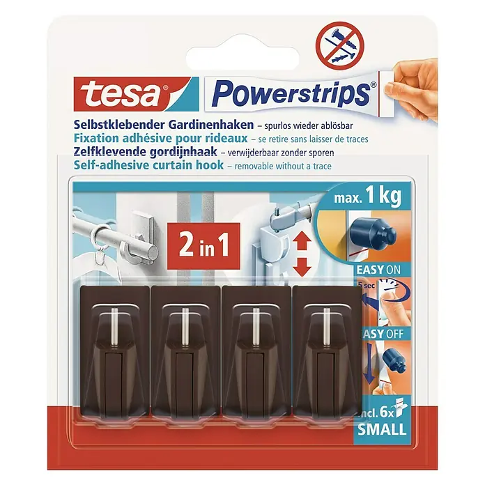 Tesa Powerstrips Gardinenhaken Vario - Braun, Größe: S, 4 Stk. - Tesa Powerstrips Gardinenhaken: Selbstklebende Haken zur einfachen Anbringung von Gardinen, rückstandslos entfernbar, bis zu 1 kg belastbar.