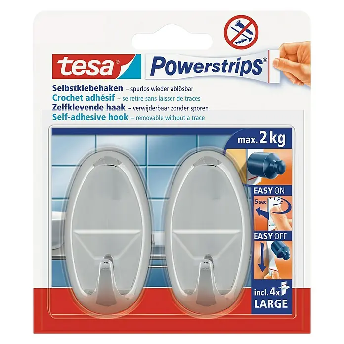 Tesa Powerstrips Selbstklebehaken - Oval, Größe: L, Chrom, 2 Stk. - Bild einer Packung Tesa Powerstrips Selbstklebehaken, die spurlos wieder ablösbar sind und bis zu 2 kg tragen können.