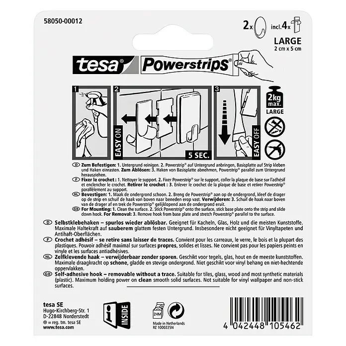 Tesa Powerstrips Selbstklebehaken - Oval, Größe: L, Chrom, 2 Stk. - Tesa Powerstrips Klebehaken Verpackung. Anleitung zur Montage und Demontage des Hakens mit einer maximalen Haltekraft von 2 kg.