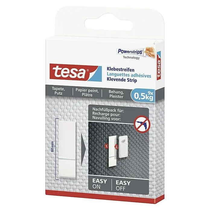 Tesa Klebestreifen - Geeignet für: Tapeten, Belastbarkeit: 0,5 kg, 9 Stk., Weiß - Packung Tesa Powerstrips Technologie, Klebestreifen zum einfachen Anbringen und Entfernen von Objekten an Wänden ohne Bohren.
