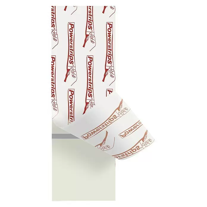 Tesa Klebestreifen - Geeignet für: Tapeten, Belastbarkeit: 0,5 kg, 9 Stk., Weiß - Powerstrips Klebeband, weiß mit roter Schrift und Handmotiv, wird von der Trägerfolie abgezogen und zeigt die Klebeseite.