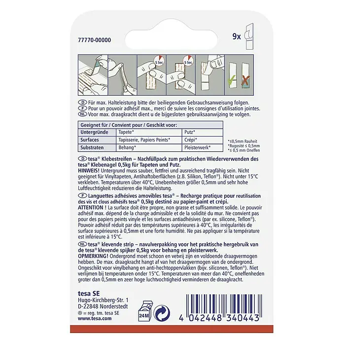 Tesa Klebestreifen - Geeignet für: Tapeten, Belastbarkeit: 0,5 kg, 9 Stk., Weiß - Tesa Klebestreifen Nachfüllpackung: Praktische, wiederverwendbare Klebestreifen für Tesa Klebenägel, geeignet für Tapeten und Putz.