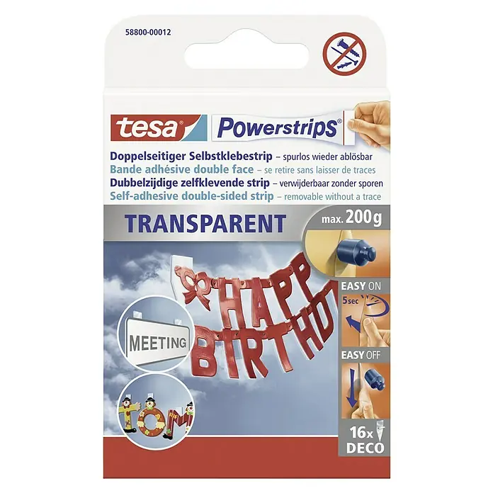 Tesa Powerstrips Selbstklebestrip DECO - 16 Stk. - Tesa Powerstrips Transparent: Doppelseitige, selbstklebende Streifen zum Aufhängen von Deko-Objekten bis 200g, spurlos ablösbar.