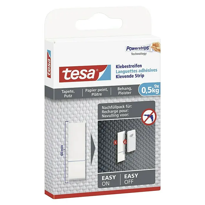 Tesa Klebestreifen - Geeignet für: Tapeten, Belastbarkeit: 0,5 kg, 9 Stk., Weiß - Packung Tesa Powerstrips Klebestreifen, geeignet für Tapeten und Putz, mit einer Tragkraft von bis zu 0,5kg, ideal zum einfachen Anbringen und Entfernen.