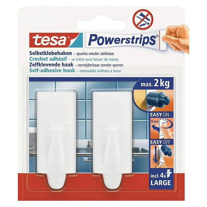 Tesa Powerstrips Selbstklebehaken - Rechteckig, Größe: L, Weiß, 2 Stk. - Bild der Tesa Powerstrips Selbstklebehaken, die spurlos wieder ablösbar sind und bis zu 2 kg halten. Inklusive 4 grossen Strips.
