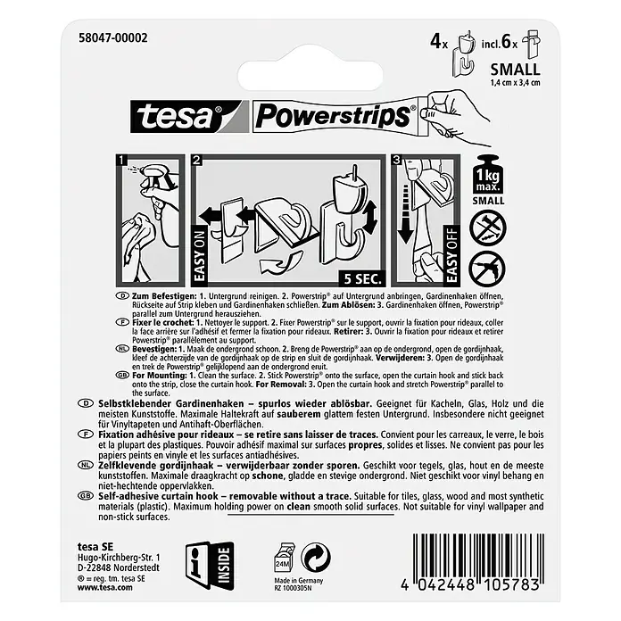 Tesa Powerstrips Gardinenhaken Vario - Braun, Größe: S, 4 Stk. - Tesa Powerstrips Gardinenhaken-Packung für einfache Montage ohne Bohren, ideal zum Aufhängen von Gardinen auf glatten Oberflächen.