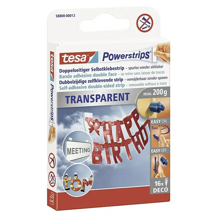 Tesa Powerstrips Selbstklebestrip DECO - 16 Stk. - Das Tesa Powerstrips-Paket, doppelseitige, transparente Klebestreifen, ideal zum Aufhängen von Gegenständen bis zu 200 g ohne Beschädigung.
