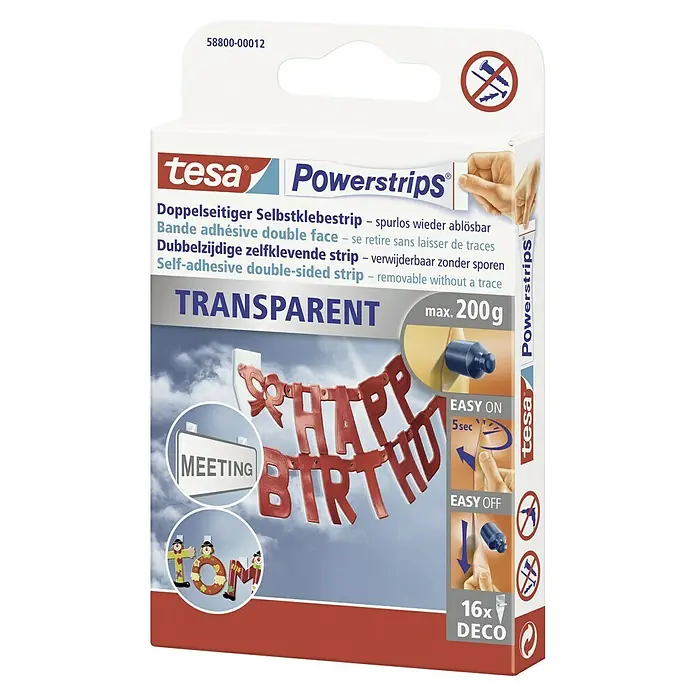 Tesa Powerstrips Selbstklebestrip DECO - 16 Stk. - Das Tesa Powerstrips-Produkt ist eine transparente, doppelseitige Klebefolie zum Aufhängen von Gegenständen bis 200g.