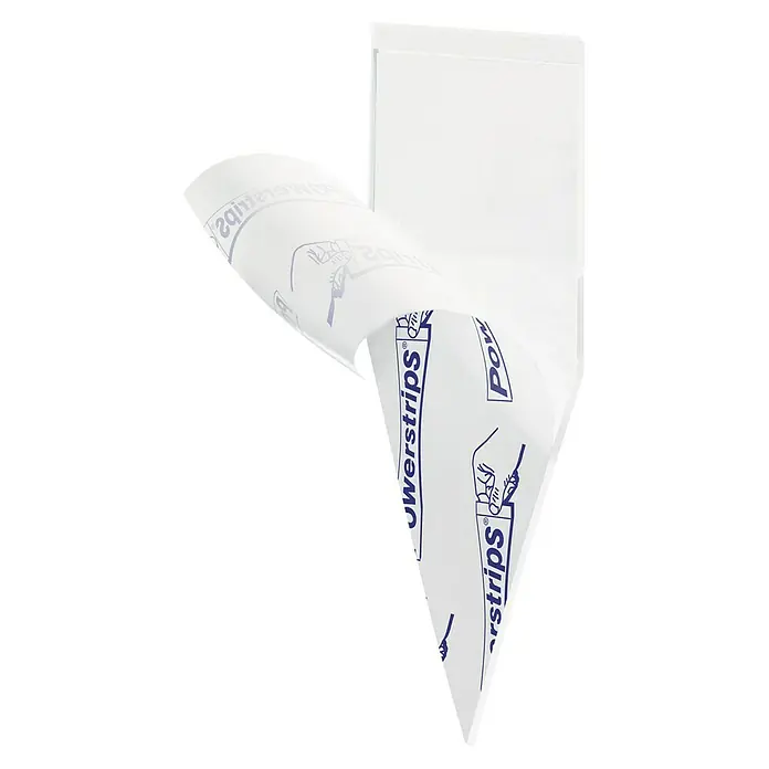 Tesa Powerstrips Selbstklebestrip DECO - 16 Stk. - Abbildung eines Powerstrips-Produktes in Weiß mit blauer Beschriftung, das ein einfaches Anbringen zeigt.\n