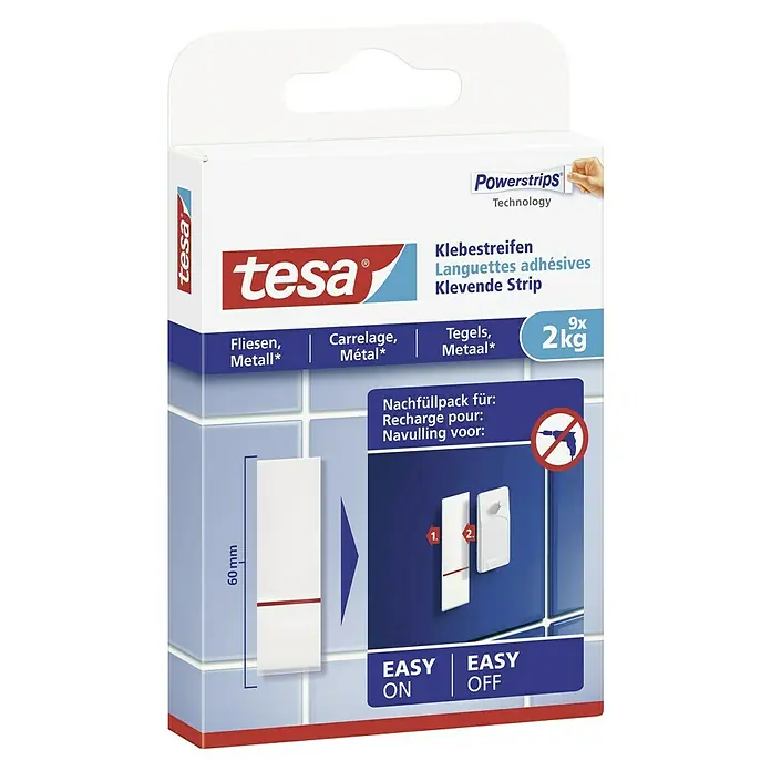 Tesa Klebestreifen - Geeignet für: Fliesen, Belastbarkeit: 2 kg, 9 Stk., Weiß - Produktverpackung von Tesa Powerstrips Klebestreifen zum Aufhängen von Objekten ohne Bohren, ideal für Fliesen und Metall.