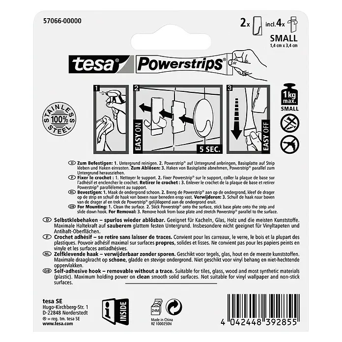 Tesa Powerstrips Selbstklebehaken - Rechteckig, Größe: S, Metallic, 2 Stk. - Tesa Powerstrips Packungsrückseite. Die Rückseite zeigt Anwendungshinweise für die Klebehaken und Informationen zum Produkt.