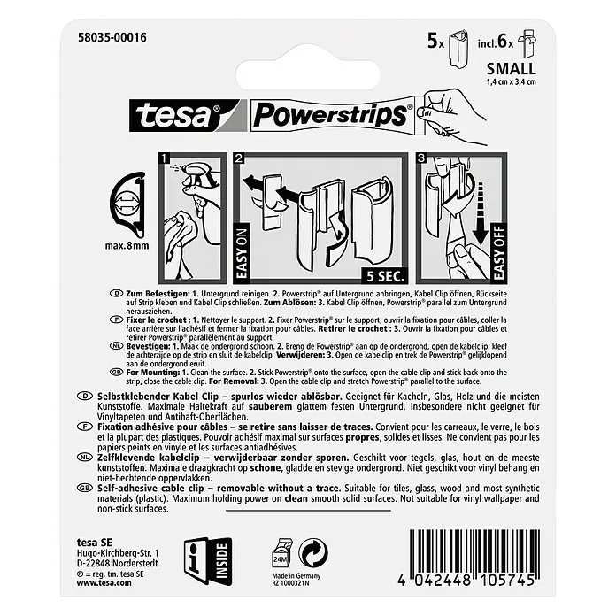 Tesa Powerstrips Kabel-Clip - Weiß, 5 Stk. - Tesa Powerstrips Kabelclip Packungsdetails.