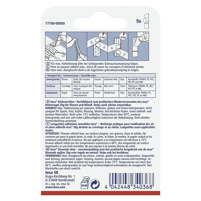 Tesa Klebestreifen - Geeignet für: Fliesen, Belastbarkeit: 2 kg, 9 Stk., Weiß - Tesa Klebestreifen Nachfüllpackung für Klebenagel 2kg, geeignet für Fliesen und Metall. Praktisch und wiederverwendbar.