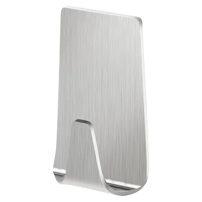 Tesa Powerstrips Selbstklebehaken - Rechteckig, Größe: S, Metallic, 2 Stk. - Nahaufnahme eines silbernen Wandhakens zur Befestigung. Ideal für leichte Gegenstände und eine einfache Montage.