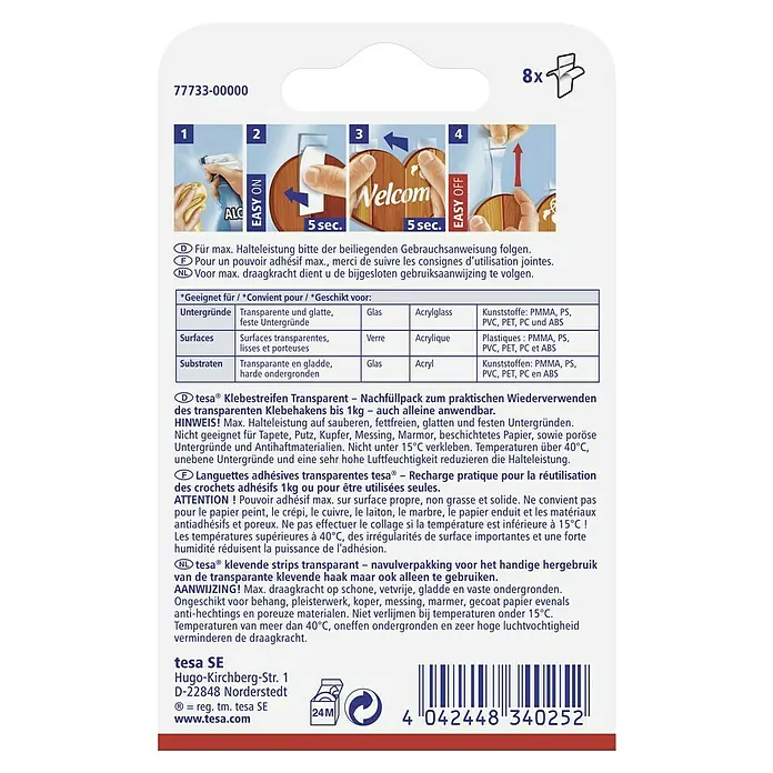 Tesa Klebestreifen - Geeignet für: Glas, Belastbarkeit: 1 kg, 8 Stk., Transparent - Anleitung zur Anwendung der Tesa Klebestreifen Transparent, einem Nachfüllpack für transparente Klebehaken bis 1kg.