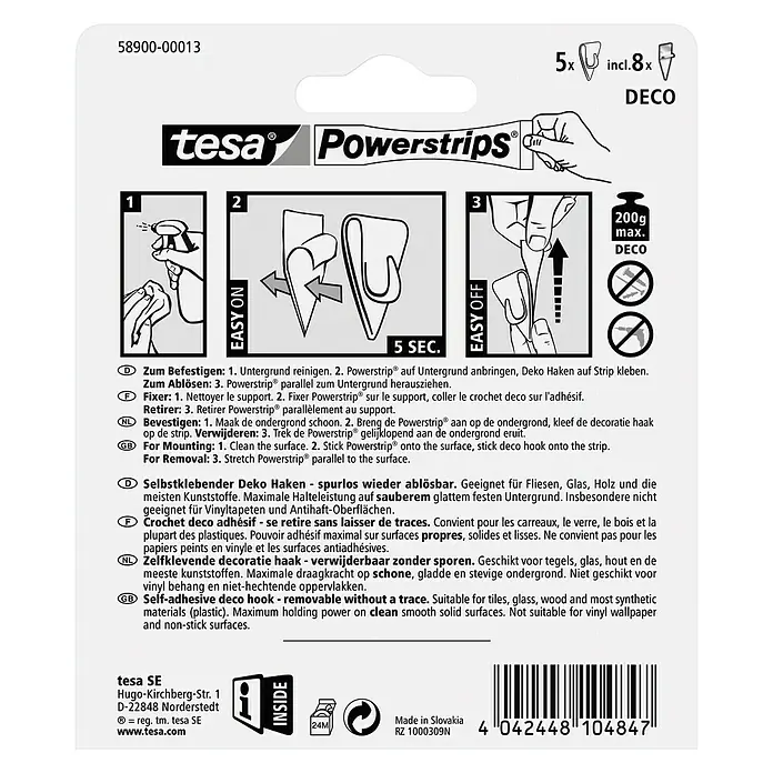Tesa Powerstrips Dekohaken - 5 Stk., Transparent - Tesa Powerstrips Deko Haken: Selbstklebende Haken zur einfachen, spurlosen Befestigung von Deko-Objekten auf glatten Oberflächen.