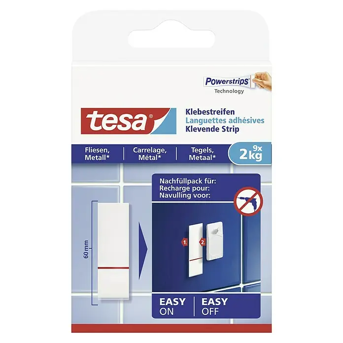 Tesa Klebestreifen - Geeignet für: Fliesen, Belastbarkeit: 2 kg, 9 Stk., Weiß - Tesa Powerstrips Technology Nachfüllpackung für Fliesen und Metall, geeignet für Lasten bis zu 2 kg, einfache Montage und Demontage.