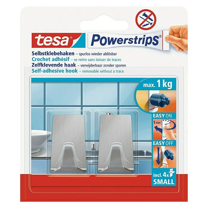 Tesa Powerstrips Selbstklebehaken - Rechteckig, Größe: S, Metallic, 2 Stk. - Bild einer Tesa Powerstrips-Packung mit selbstklebenden Haken, die spurlos ablösbar sind und bis zu 1 kg tragen.
