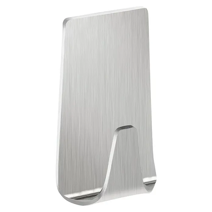 Tesa Powerstrips Selbstklebehaken - Rechteckig, Größe: S, Metallic, 2 Stk. - Nahaufnahme eines selbstklebenden Wandhakens aus gebürstetem Edelstahl, ideal zur Befestigung ohne Bohren. Der Haken ist robust und modern.