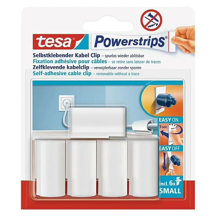 Tesa Powerstrips Kabel-Clip - Weiß, 5 Stk. - Tesa Powerstrips Kabelclips zur einfachen und spurlosen Kabelbefestigung, ideal für Büro und Zuhause. Einfache Anbringung und Entfernung.