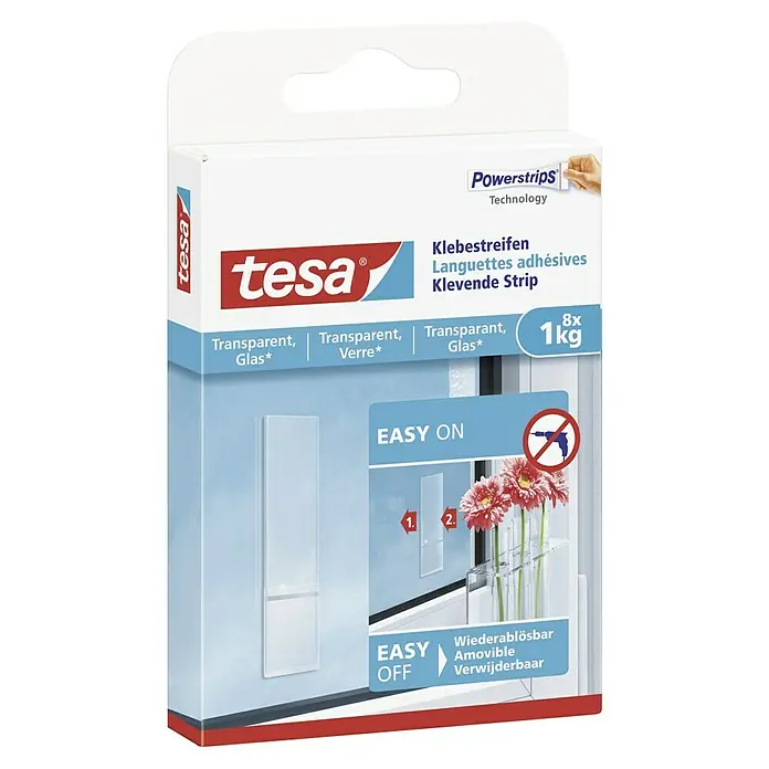 Tesa Klebestreifen - Geeignet für: Glas, Belastbarkeit: 1 kg, 8 Stk., Transparent - Die Tesa Powerstrips Klebestreifen für Glas sind transparent und halten bis zu 1 kg. Die Montage ist einfach und die Streifen sind wiederablösbar.