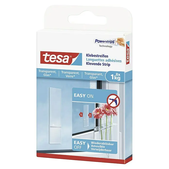 Tesa Klebestreifen - Geeignet für: Glas, Belastbarkeit: 1 kg, 8 Stk., Transparent - Tesa Powerstrips Technologie: Klebestreifen für transparente Oberflächen wie Glas. Einfache Anwendung, rückstandslos ablösbar. Bis zu 1 kg Tragkraft.