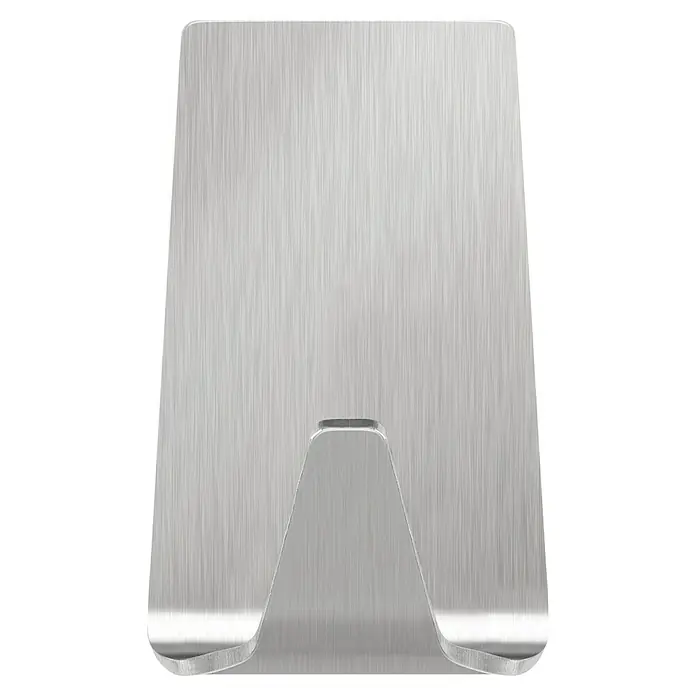 Tesa Powerstrips Selbstklebehaken - Rechteckig, Größe: S, Metallic, 2 Stk. - Nahaufnahme einer Tabletthalterung aus gebürstetem Aluminium, die ein modernes und minimalistisches Design aufweist.