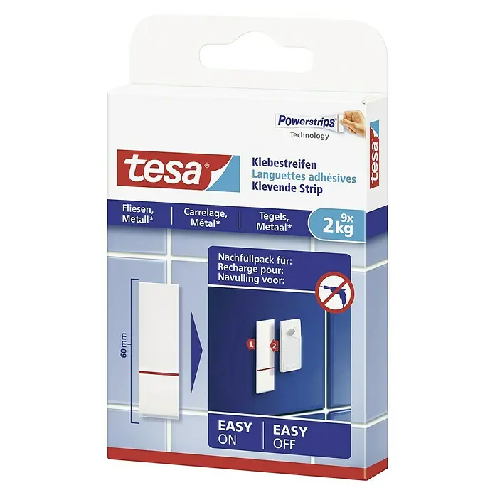 Tesa Klebestreifen - Geeignet für: Fliesen, Belastbarkeit: 2 kg, 9 Stk., Weiß - Packung Tesa Powerstrips Klebestreifen, wiederaufladbar für Fliesen und Metall, hält bis zu 2kg, einfaches Anbringen und Entfernen.