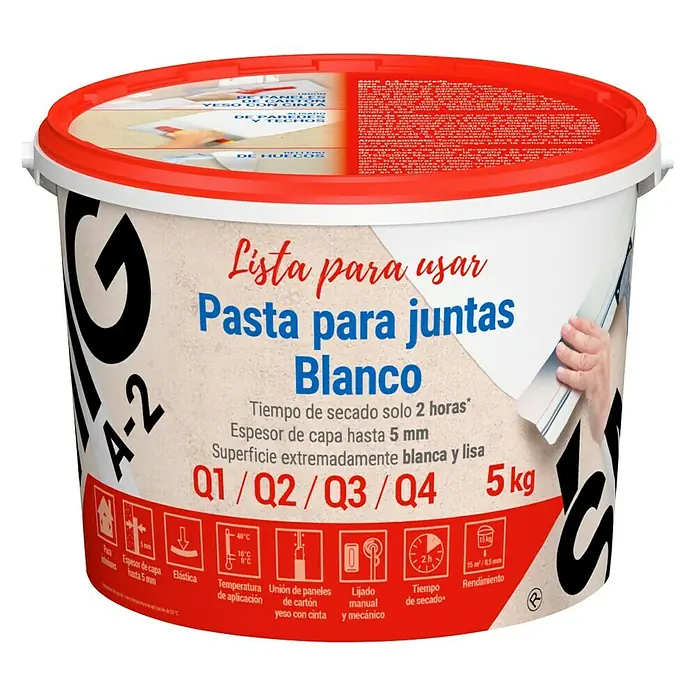 Masilla para juntas Smig - 5 kg - Un cubo de pasta para juntas "Pasta para juntas Blanco" lista para usar. Apta para Q1 a Q4, de secado rápido y con alta cobertura.
