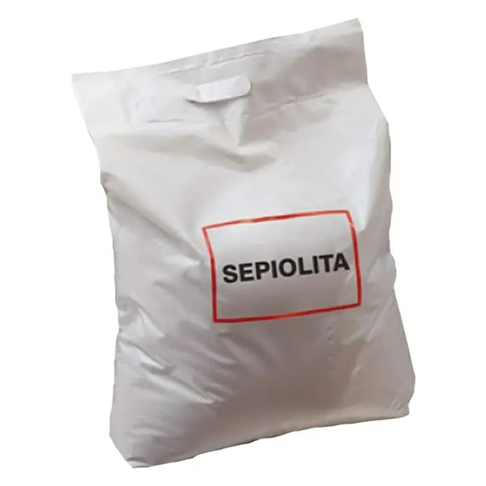 BHS Zaragoza Piedra mineral sepiolita - Grano: 4 mm - 30 mm, 20 kg - Un saco blanco de sepiolita, un mineral de arcilla utilizado para la absorción de líquidos. El saco tiene una etiqueta roja con la palabra "SEPIOLITA".