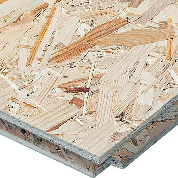 Tablero de OSB machihembrado - 250 cm x 67,5 cm x 16 mm - Primer plano de dos tableros OSB que muestran la textura y la composición del producto de madera de ingeniería.