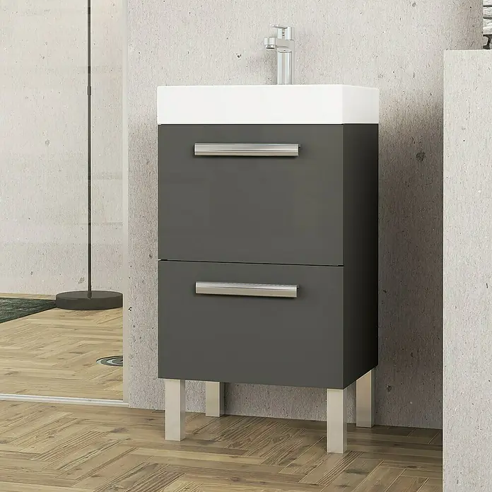 Artysan Conjunto de mueble de baño Lidia - Ancho: 45 cm, Gris, 3 pzs. - Un elegante tocador gris con tapa blanca, ideal para baños modernos. Diseño práctico con cajones y patas metálicas delgadas.