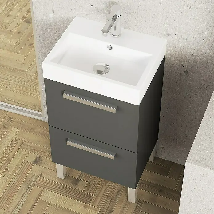 Artysan Conjunto de mueble de baño Lidia - Ancho: 45 cm, Gris, 3 pzs. - Mueble de baño compacto con lavabo, dos cajones y tiradores plateados para un toque moderno.