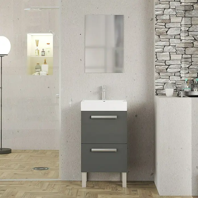 Artysan Conjunto de mueble de baño Lidia - Ancho: 45 cm, Gris, 3 pzs. - Elegante lavabo gris con dos cajones, espejo y diseño moderno para baños con estilo.