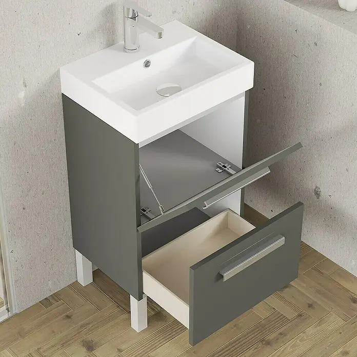 Artysan Conjunto de mueble de baño Lidia - Ancho: 45 cm, Gris, 3 pzs. - El mueble de lavabo gris con lavabo blanco ofrece un práctico espacio de almacenamiento con un cajón y un compartimento abatible.