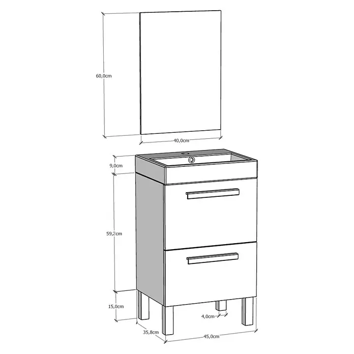 Artysan Conjunto de mueble de baño Lidia - Ancho: 45 cm, Gris, 3 pzs. - Imagen de un mueble de baño con cajones y un armario con espejo a juego, incluyendo dimensiones.
