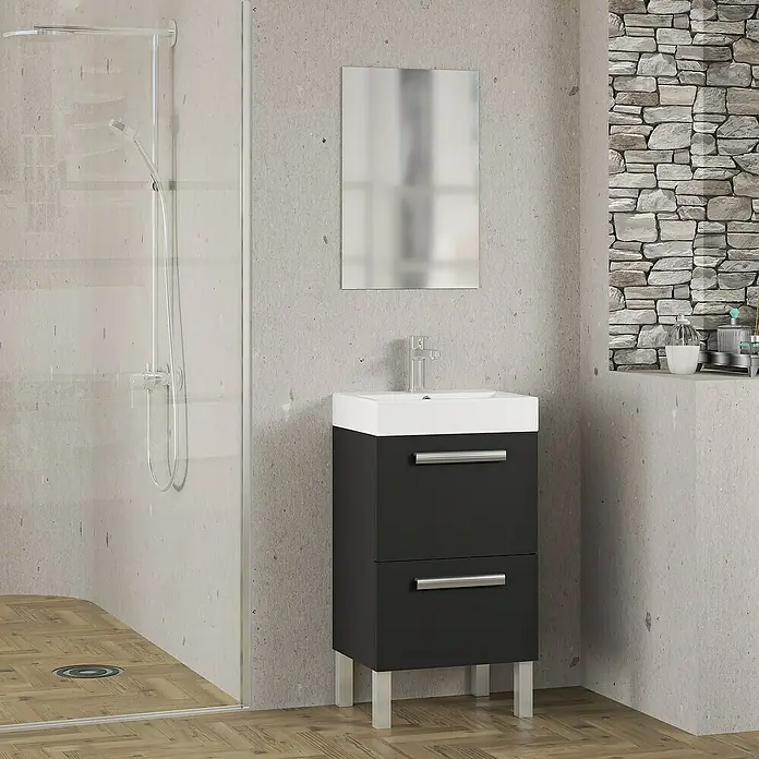 Artysan Conjunto de mueble de baño Lidia - Ancho: 45 cm, Negro, 3 pzs. - Baño con mueble de lavabo moderno en blanco y negro, espejo y ducha para un espacio elegante y funcional.
