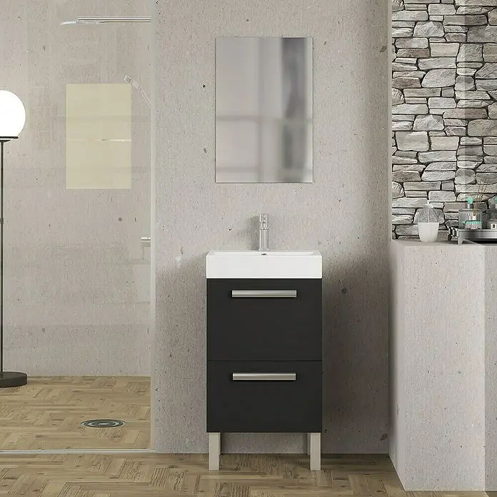 Artysan Conjunto de mueble de baño Lidia - Ancho: 45 cm, Negro, 3 pzs. - Un moderno tocador de baño en negro con dos cajones y un lavabo blanco, perfecto para baños elegantes.