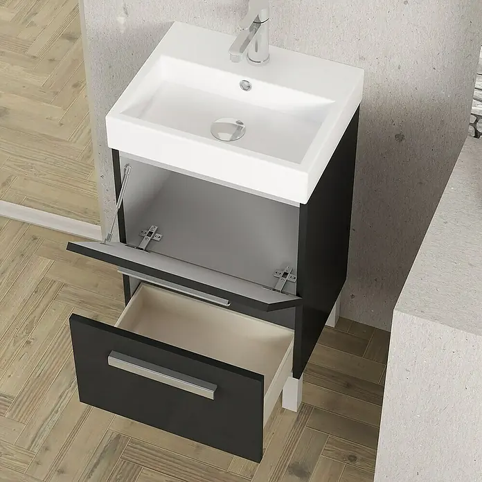 Artysan Conjunto de mueble de baño Lidia - Ancho: 45 cm, Negro, 3 pzs. - El moderno lavabo de baño con armario abierto y cajón ofrece un almacenamiento práctico. Ideal para baños pequeños.