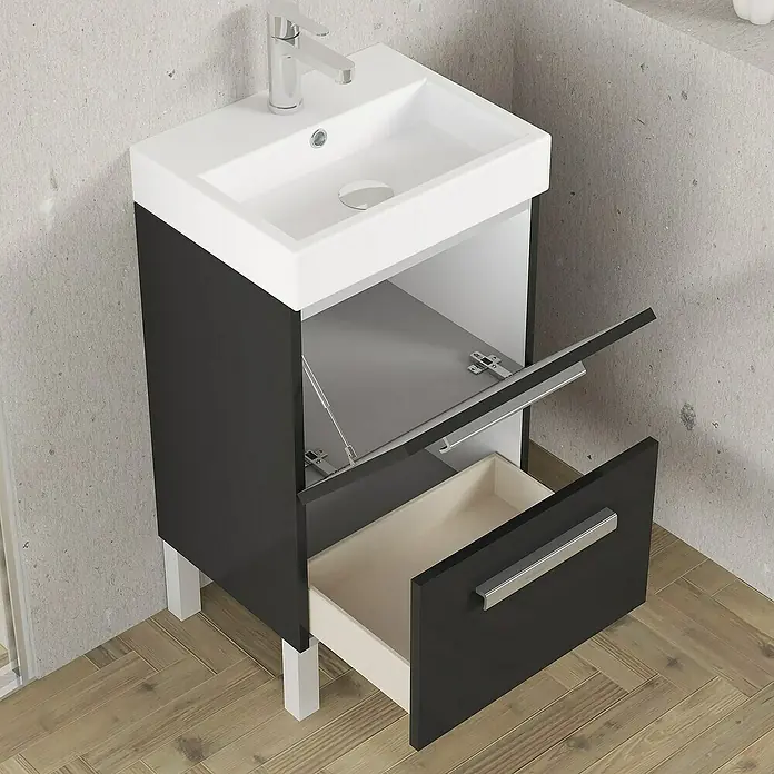 Artysan Conjunto de mueble de baño Lidia - Ancho: 45 cm, Negro, 3 pzs. - Un tocador de baño blanco y negro con un gabinete, con un cajón y una puerta de gabinete.