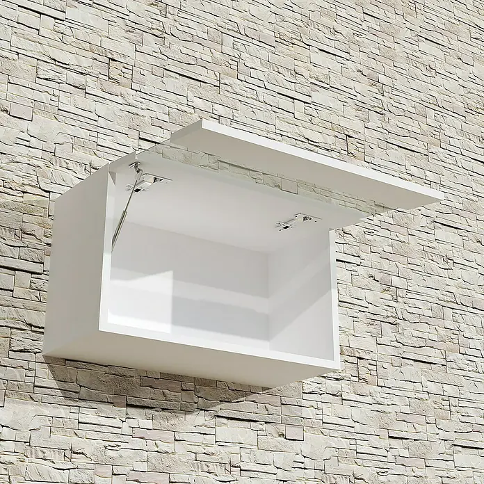 Artysan Armario colgante de baño Fran - L x An x Al: 55 x 23 x 33 cm, Blanco - Un armario de pared blanco con una puerta que se abre hacia arriba está montado en una pared de piedra, ofreciendo almacenamiento y un diseño moderno.
