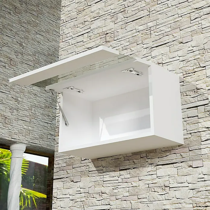 Artysan Armario colgante de baño Fran - L x An x Al: 55 x 23 x 33 cm, Blanco - Armario de pared blanco con puerta elevable y resorte de gas frente a una pared de piedra. Mueble moderno para salón o baño.